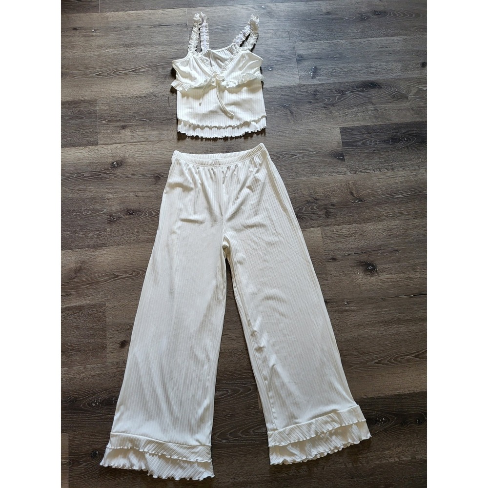 Ivory 2pc Stretchy Babydoll Ruffle Cami Wide LegPant Set Sz M